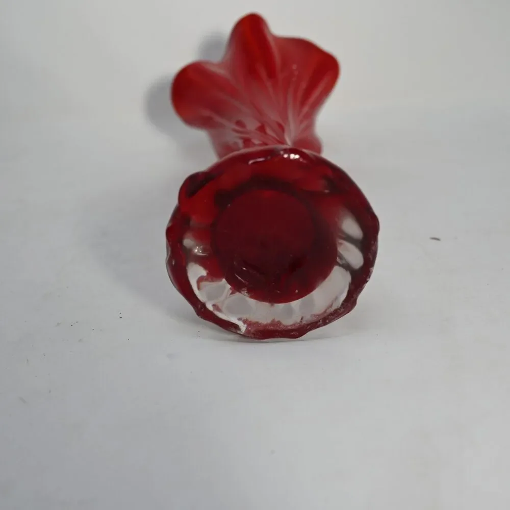 Vintage Czech Red Art Glass Bud Vase Fluted Twist Swirl Ruffled Rim 10 Inch